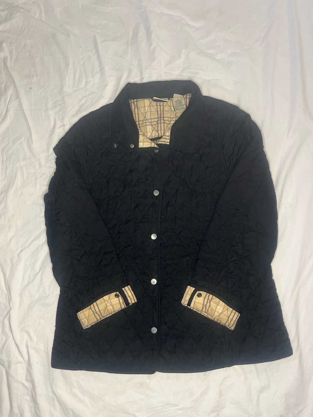 L.L. Bean Black Quilted Pea Coat with Plaid Trim